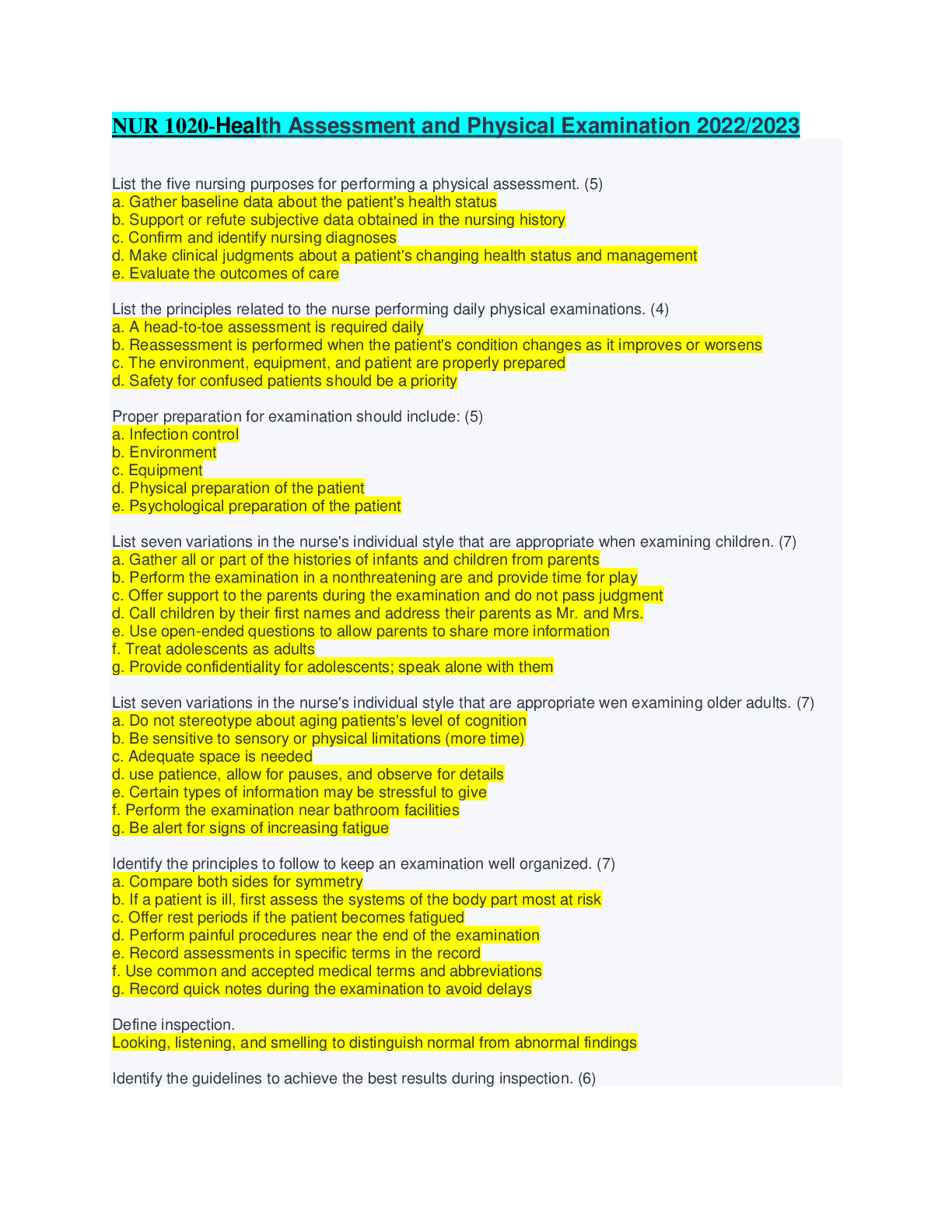 Preview image for NUR 1020-Health Assessment and Physical Examination 2022/2023